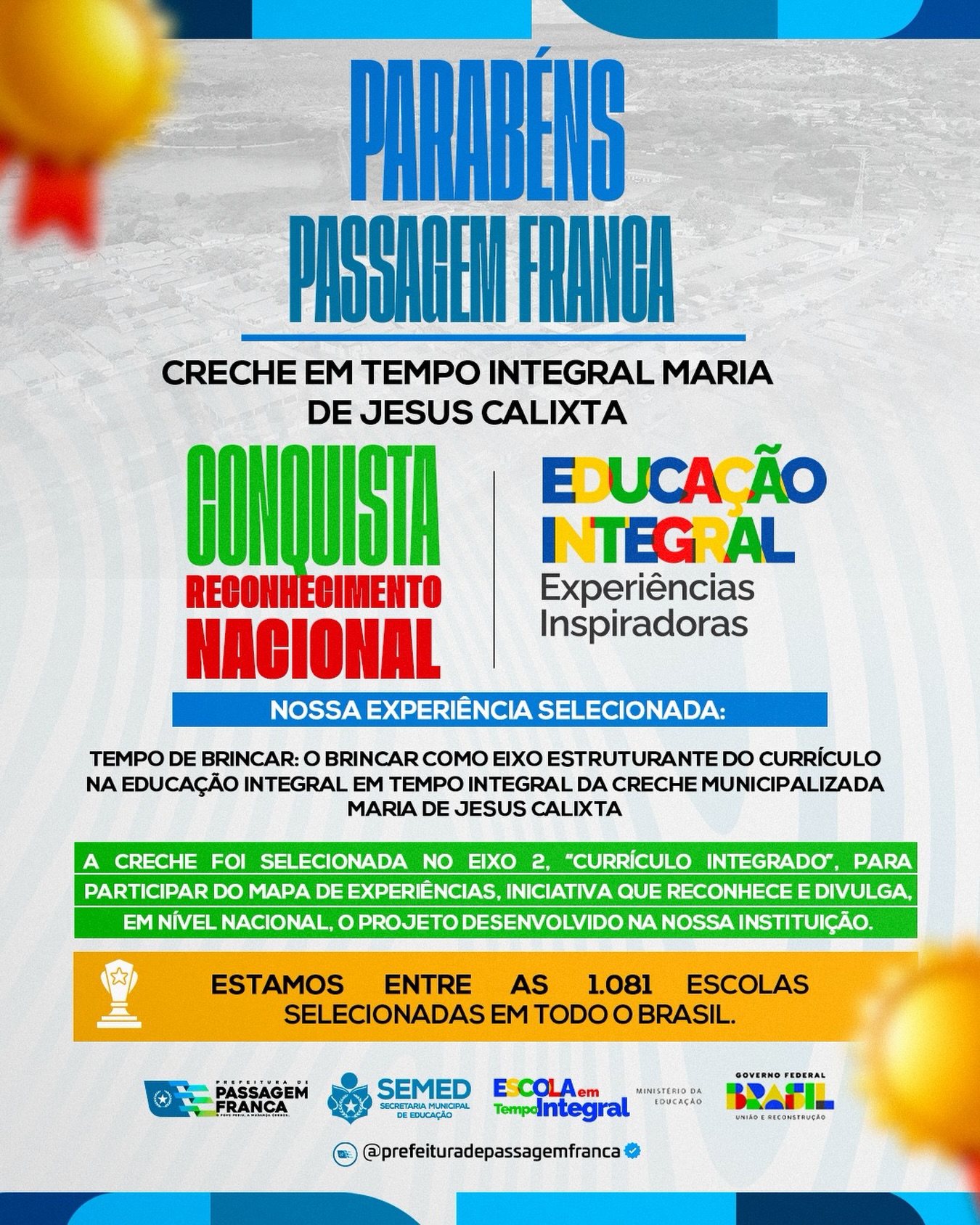 Creche de Passagem Franca conquista reconhecimento nacional em Educação Integral